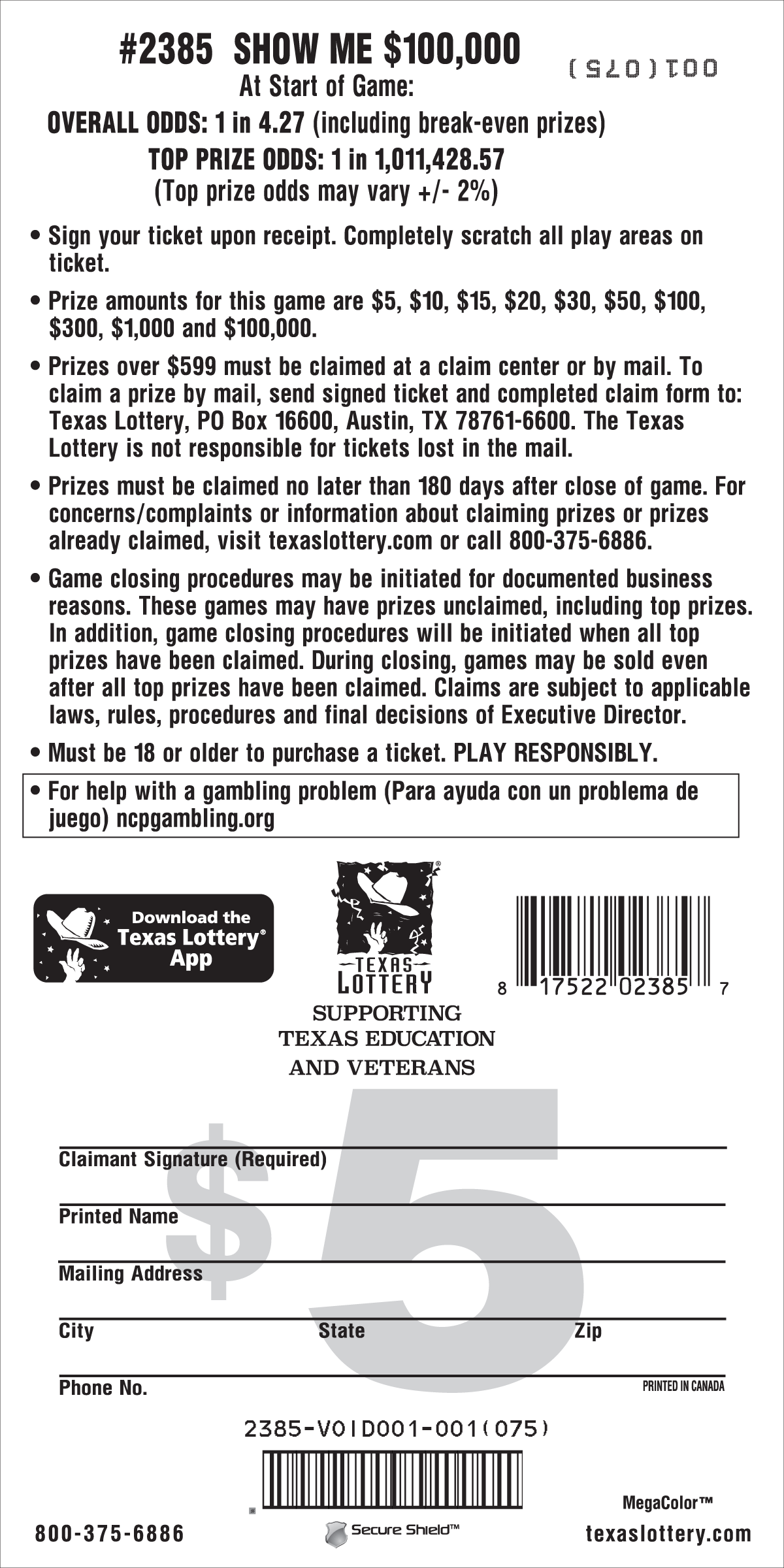Image of Back of Show Me $100,000 Ticket
