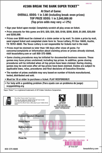 Image of Back of Break the Bank Super Ticket™ Ticket