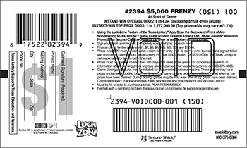 Image of Back of $5,000 Frenzy Ticket