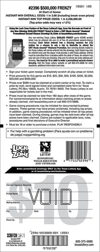 Image of Back of $500,000 Frenzy Ticket