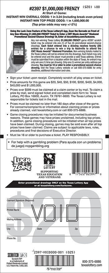 Image of Back of $1,000,000 Frenzy Ticket