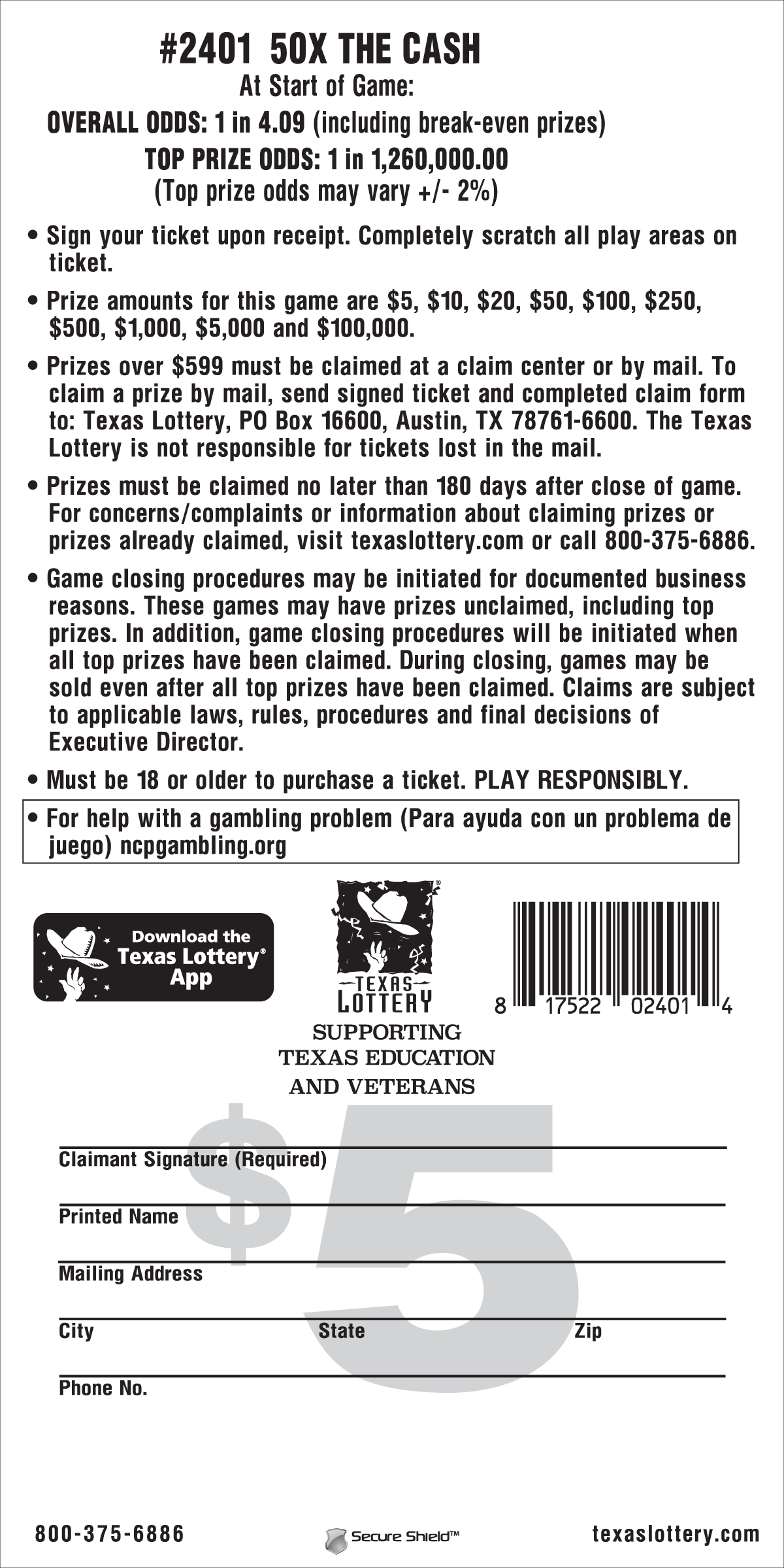 Image of Back of 50X The Cash Ticket