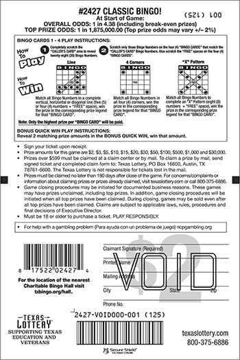 Image of Back of Classic Bingo! Ticket