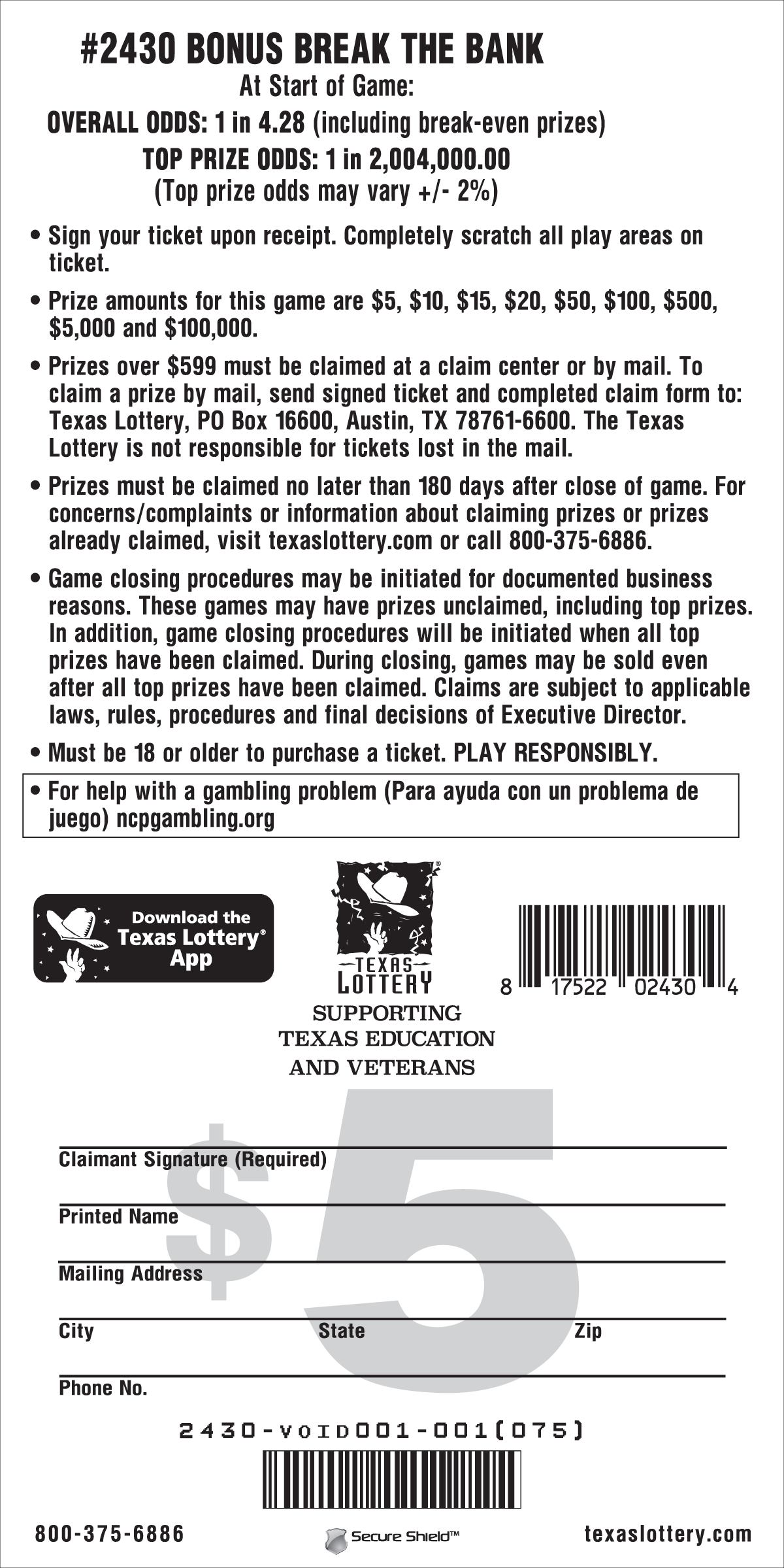 Image of Back of Bonus Break the Bank Ticket