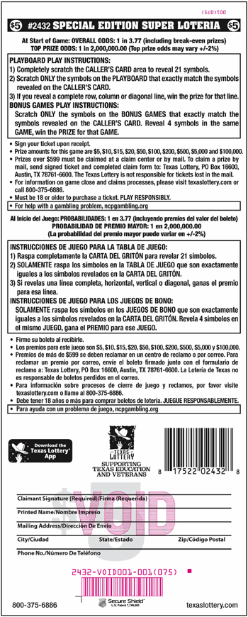 Image of Back of Special Edition Super Loteria Ticket