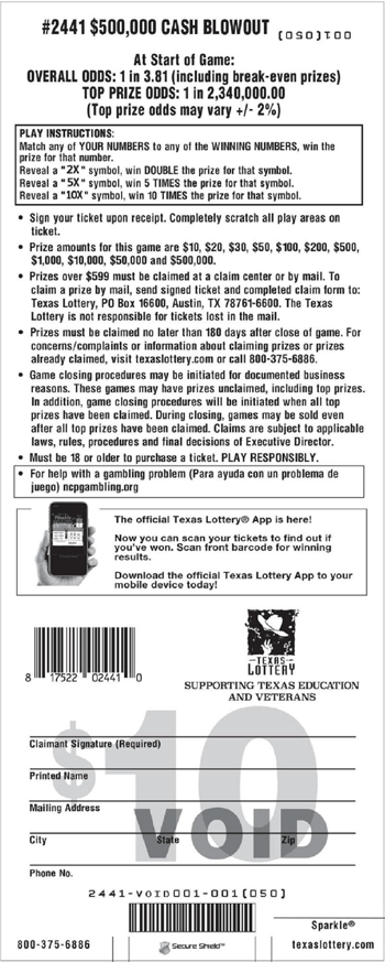 Image of Back of $500,000 Cash Blowout Ticket