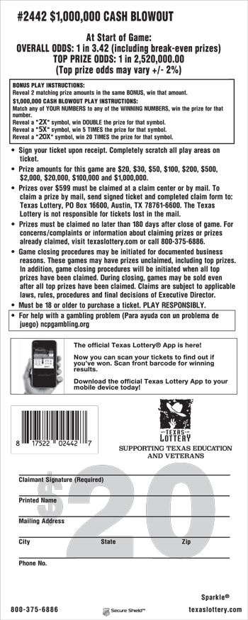 Image of Back of $1,000,000 Cash Blowout Ticket