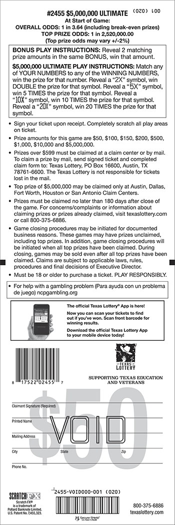 Image of Back of $5,000,000 Ultimate Ticket