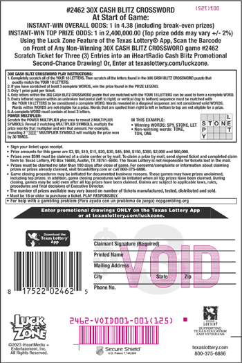 Image of Back of 30X Cash Blitz Crossword Ticket