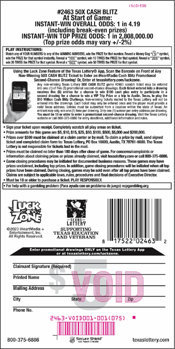 Image of Back of 50X Cash Blitz Ticket