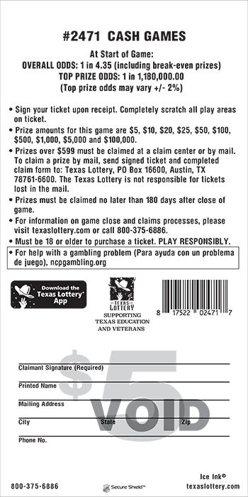 Image of Back of Cash Games Ticket