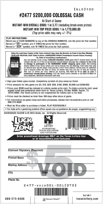 Image of Back of $200,000 Colossal Cash Ticket