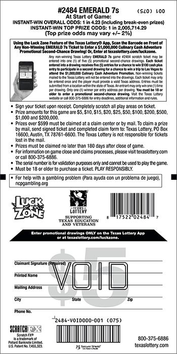 Image of Back of Emerald 7s Ticket
