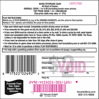 Image of Back of Veterans Cash Ticket