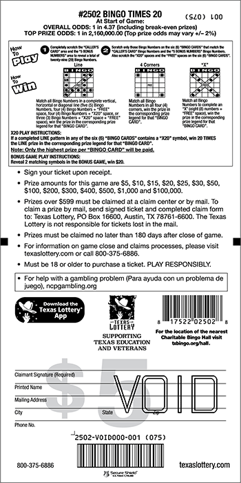 Image of Back of Bingo Times 20 Ticket