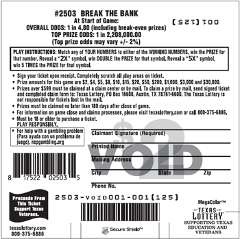 Image of Back of Break The Bank Ticket