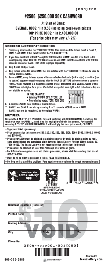 Image of Back of $250,000 50X Cashword Ticket