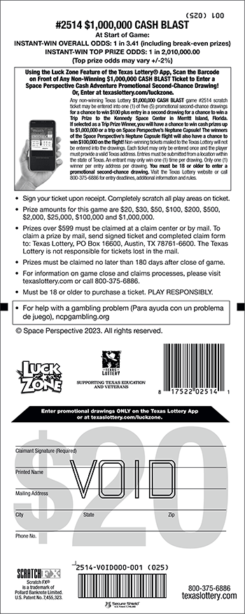 Image of Back of $1,000,000 Cash Blast Ticket