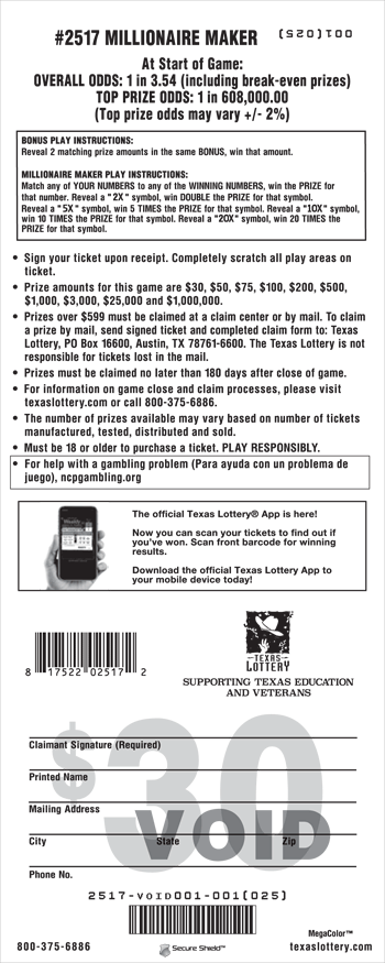 Image of Back of Millionaire Maker Ticket