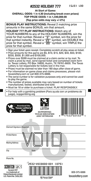 Image of Back of Holiday 777 Ticket