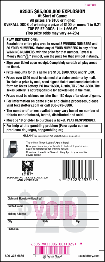 Image of Back of $85,000,000 Explosion Ticket