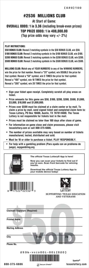 Image of Back of Millions Club Ticket