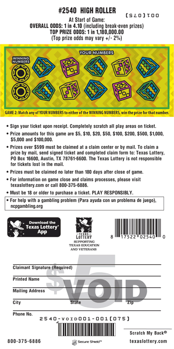 Image of Back of High Roller Ticket