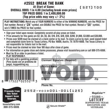 Image of Back of Break the Bank Ticket