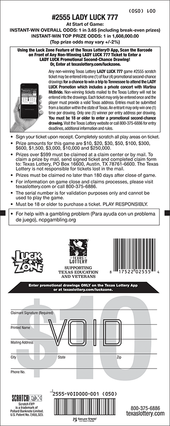 Image of Back of Lady Luck 777 Ticket