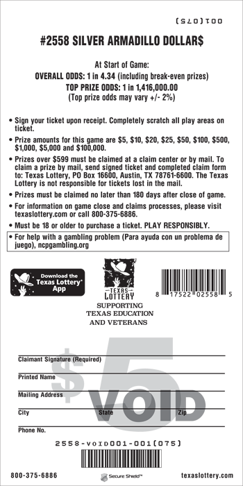 Image of Back of Silver Armadillo Dollar$ Ticket