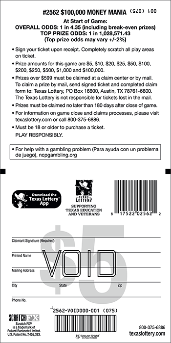 Image of Back of $100,000 Money Mania Ticket