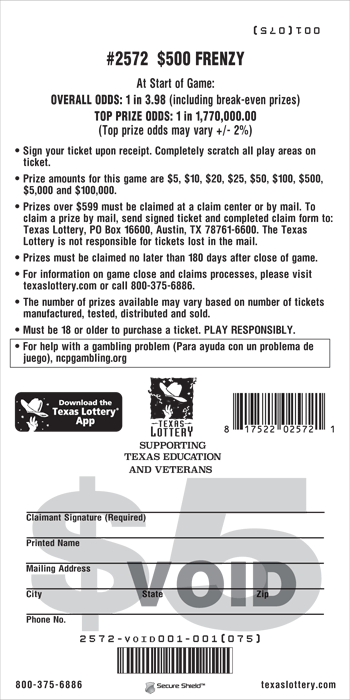 Image of Back of $500 Frenzy Ticket