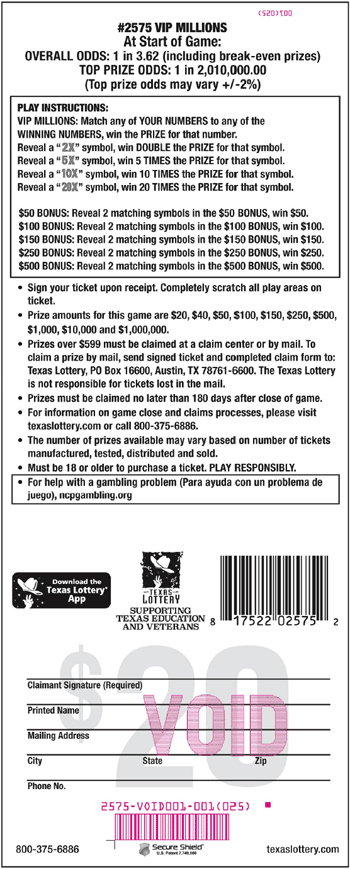 Image of Back of VIP Millions Ticket