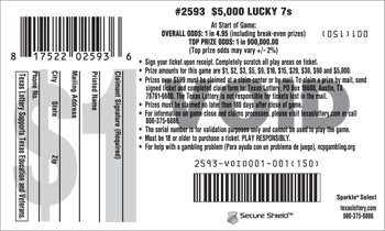 Image of Back of $5,000 Lucky 7s Ticket