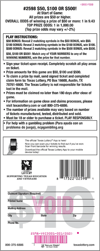 Image of Back of $50, $100 OR $500! Ticket