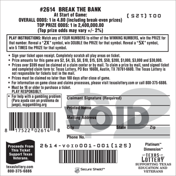 Image of Back of Break the Bank Ticket