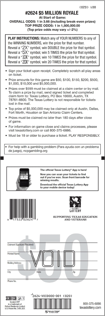 Image of Back of $5 Million Royale Ticket
