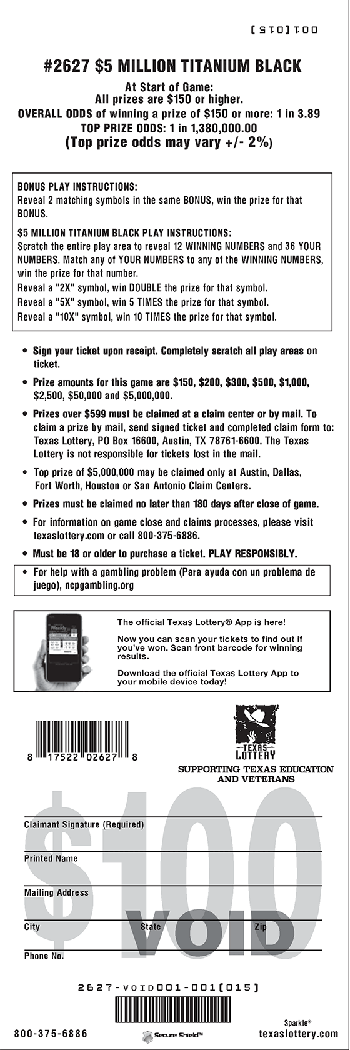 Image of Back of $5 Million Titanium Black Ticket