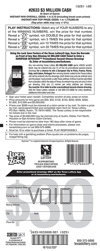 Image of Back of $3 Million Ca$h Ticket