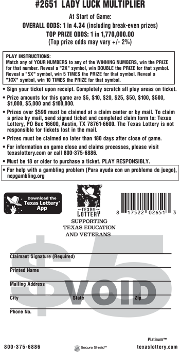 Image of Back of Lady Luck Multiplier Ticket