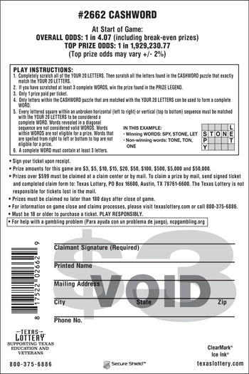 Image of Back of Cashword Ticket