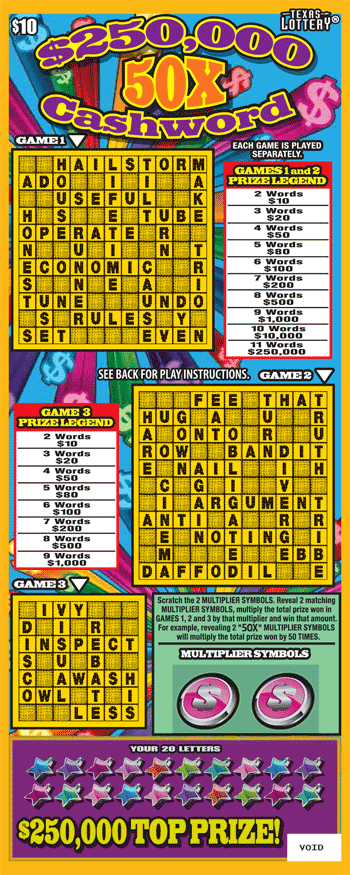 Image of Front of $250,000 50X Cashword Ticket