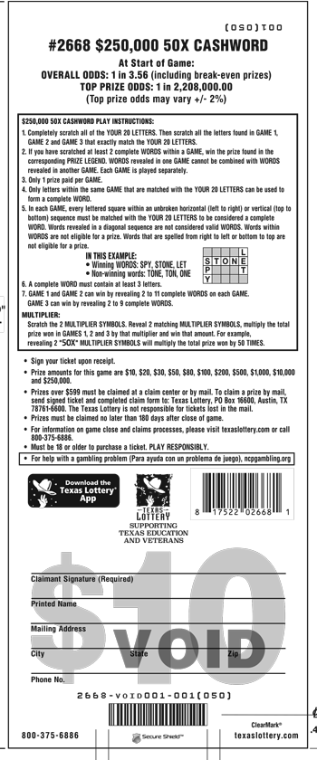 Image of Back of $250,000 50X Cashword Ticket