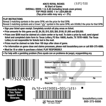 Image of Back of Royal Riches Ticket