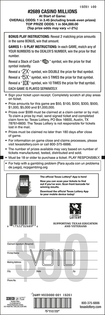 Image of Back of Casino Millions Ticket