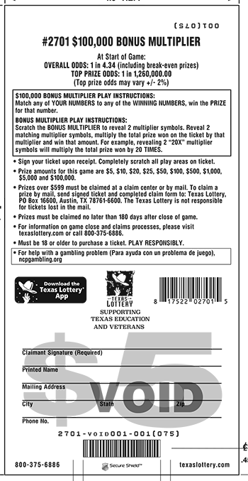 Image of Back of $100,000 Bonus Mulltiplier Ticket
