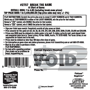 Image of Back of Break the Bank Ticket