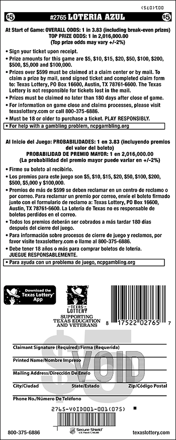Image of Back of Loteria Azul Ticket