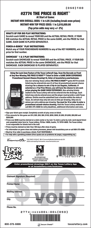 Image of Back of The Price is Right™ Ticket